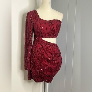 Chic One-Shoulder Sequin Dress in Burgandy